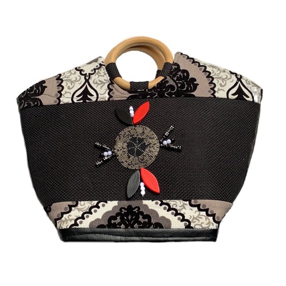 Canvas Handbag Wood Handles Ankara African Style Black White Tote Bag - Picture 3 of 8
